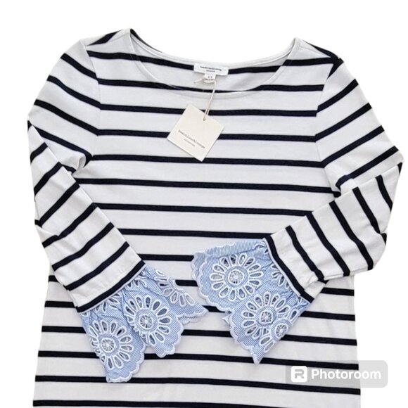 Beach Lunch Lounge Solani Navy Blue Striped Eyelet Crochet 3/4 Sleeve Dress NEW - Picture 10 of 16